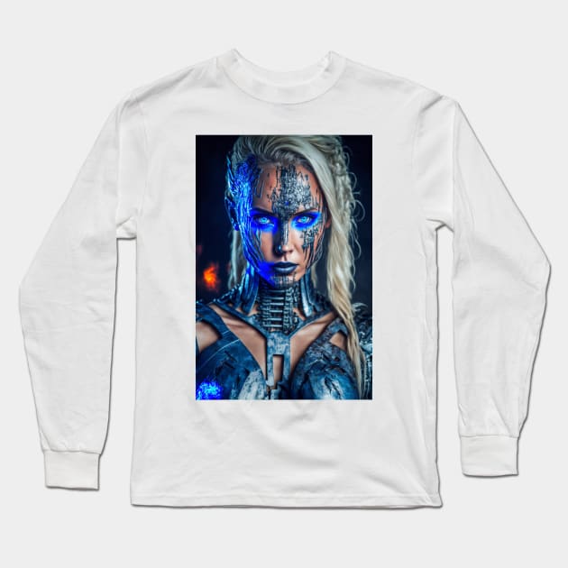 Cybernetic Beautiful Woman in Blue Long Sleeve T-Shirt by AICreateWorlds